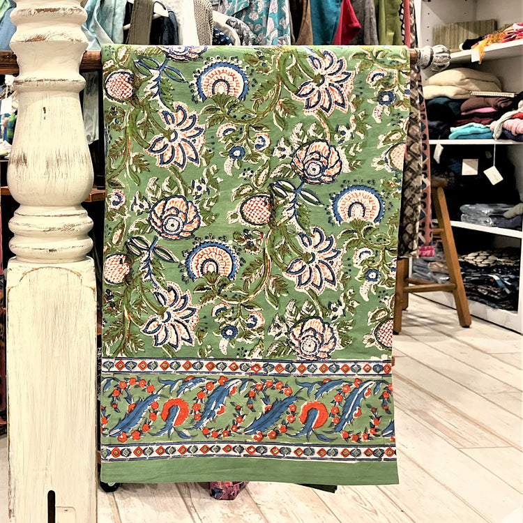 Hand Block Printed Tablecloth - Green Floral