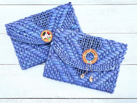 Blue Straw Clutch with Masai Beads
