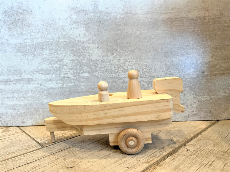 Handcrafted Wooden Baby Toys - Motorboat + Trailer