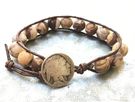 Jasper Bracelet - Jasper Leather Wrap - Matte Tiger Jasper  - Jasper Jewelry- Brown Bracelet - Boyfriend's  Gift - Men's Jewelry