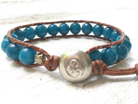 Blue Agate Silver Om Wrap Bracelet