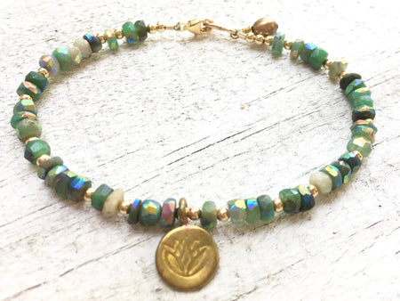 Chrysoprase and Gold Lotus Charm Bracelet