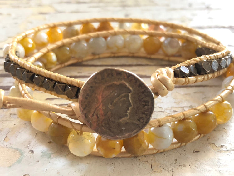 Yellow Agate Bracelet - Agate Leather Wrap - Agate Jewelry - Agate Bracelet - Double Leather Wrap - Women's Bracelet - Men's Bracelet