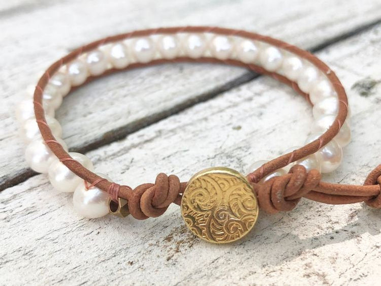 Pearl Bracelet - Pearl Leather Wrap - Pearl Jewelry - Wedding Jewelry - June Birthstone - Wrap Bracelet - Women's Bracelets -Girlfriend Gift