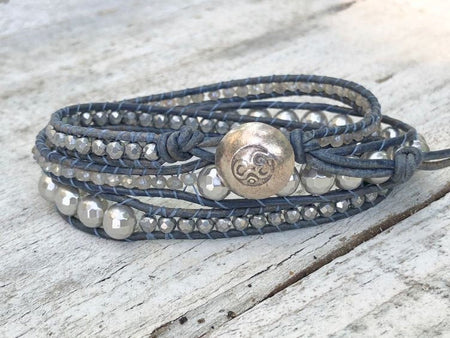 Pearl Bracelet - Blue Bracelet - Pearl Jewelry - Laboradite Bracelet - Om Button - Pearl Leather Wrap - Women's Jewelry - Girlfriend Gift