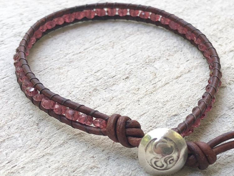 Ruby Bracelet - Ruby Leather Wrap - Ruby Jewelry - July Birthstone - Om Button - Red Bracelet - Women's Jewelry - Girlfriend's Gift