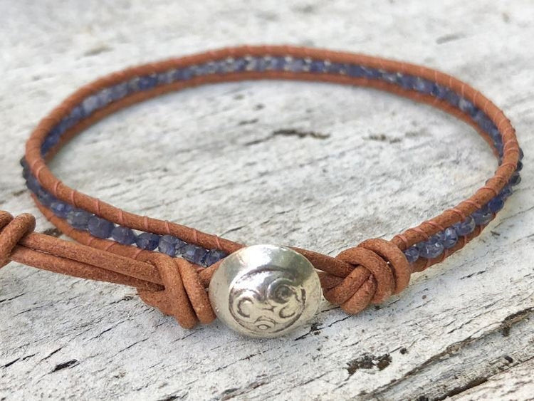 Blue Iolite Leather Om Button Wrap Bracelet