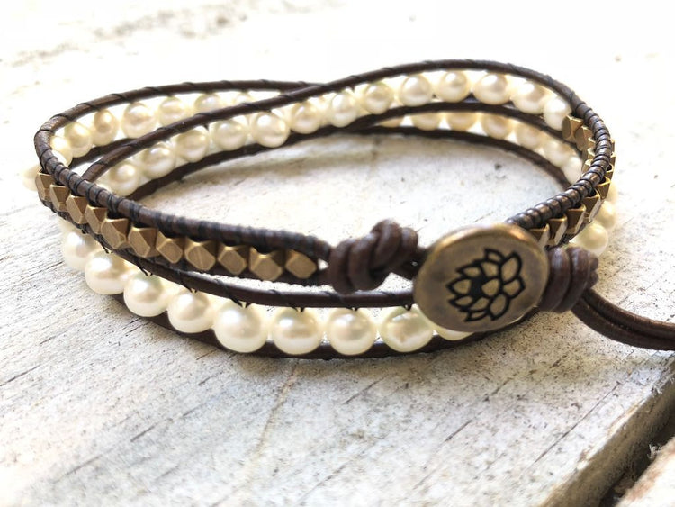 Pearl Bracelet - Pearl Wrap Bracelet - Pearl Jewelry - Double Leather Wrap - Girlfriend's Gift - Women's Jewelry- June's Birthstone