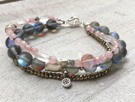 Moonstone Bracelet - Moonstone Jewelry - Pyrite Jewelry - Pyrite Bracelet - Rose Quartz Bracelet - Rose Quartz Jewelry - Flower Charm