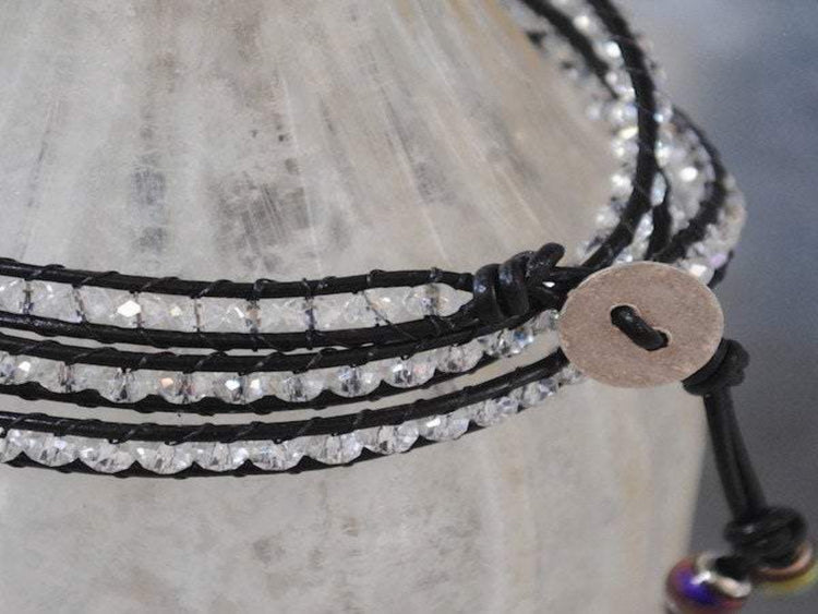 Crystal Black Triple Leather Wrap - Hill Tribe Silver Button